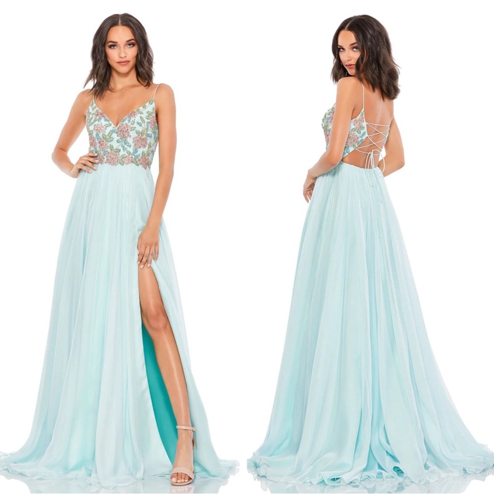 Mac Duggal 67790 Jewel Encrusted Thigh High Slit Gown Size 6 NWT Aqua